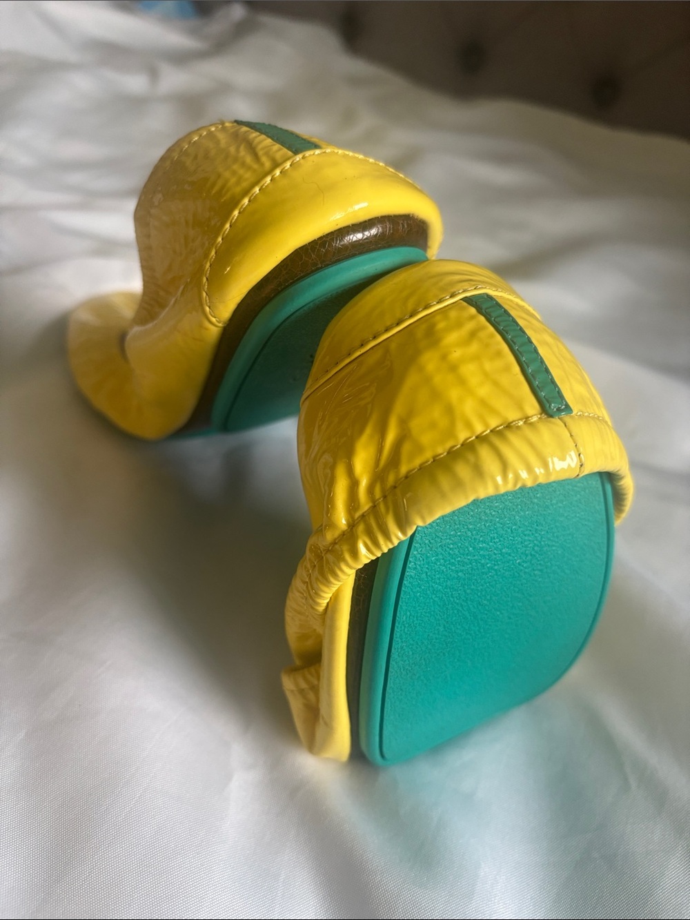 Yellow Foldable Ballet Flats with Teal Soles